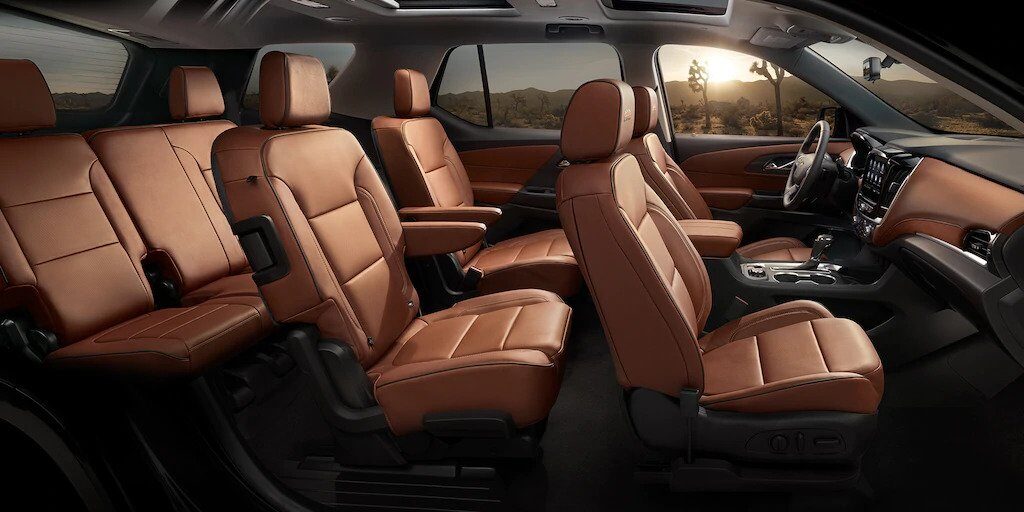 2020 Chevy Traverse Brown Leather Interior - Cabin View With All 3 Rows of Seats (7 passengers/Captain Chairs)
